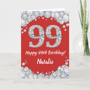 Happy 99th Birthday Red en Silver Glitter Card Kaart