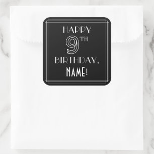 HAPPY 9TH BIRTHDAY; Art Deco Style; aangepaste naa Vierkante Sticker