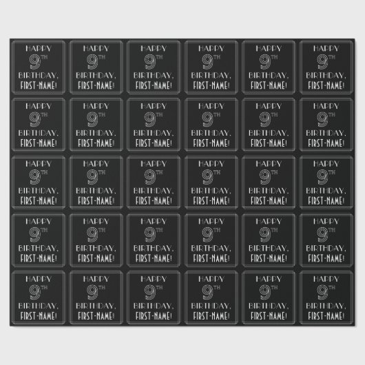 HAPPY 9TH BIRTHDAY; Art Deco Style met aangepaste Cadeaupapier (Zoom)