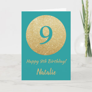 Happy 9th Birthday Blauwgroen en Gouden Glitter Ka Kaart