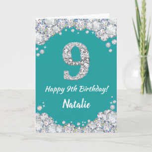 Happy 9th Birthday Blauwgroen en Silver Glitter Ca Kaart