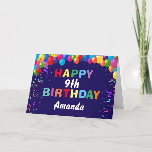 Happy 9th Birthday Colorful Balloons Navy Blue Kaart (Voorkant)