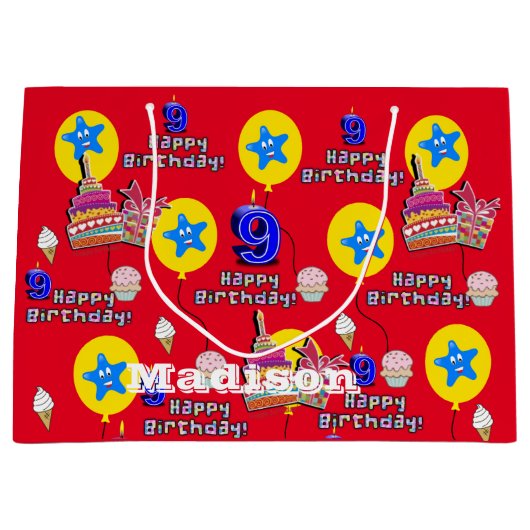 Happy 9th Birthday Gift Bag #9 Red Groot Cadeauzakje (Voorkant)