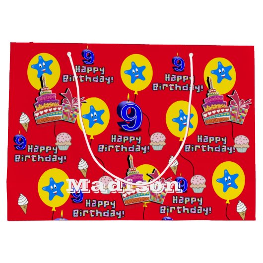 Happy 9th Birthday Gift Bag #9 Red Groot Cadeauzakje (Achterkant)