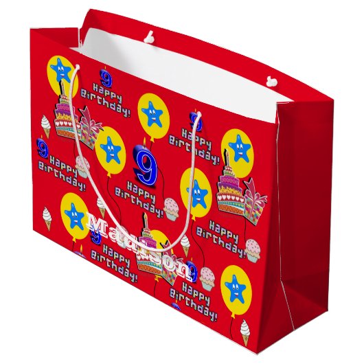 Happy 9th Birthday Gift Bag #9 Red Groot Cadeauzakje (Achterkant Gekanteld)