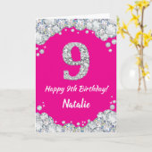 Happy 9th Birthday Hot Pink en Silver Glitter Kaart (Gele Bloem)