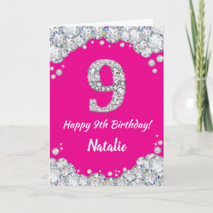 Happy 9th Birthday Hot Pink en Silver Glitter Kaart