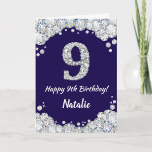 Happy 9th Birthday Navy Blue en Silver Glitter Kaart