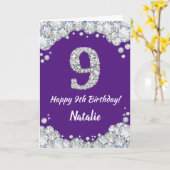 Happy 9th Birthday Paars en Silver Glitter Card Kaart (Gele Bloem)
