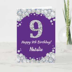 Happy 9th Birthday Paars en Silver Glitter Card Kaart