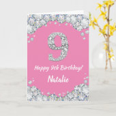 Happy 9th Birthday Pink en Silver Glitter Card Kaart (Gele Bloem)
