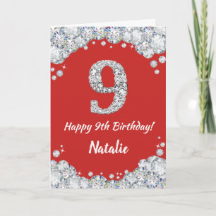 Happy 9th Birthday Red en Silver Glitter Card Kaart