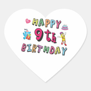 Happy 9th Birthday voor 9-jarige Kinderen B-dag Hart Sticker