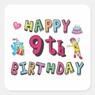 Happy 9th Birthday voor 9-jarige Kinderen B-dag Vierkante Sticker