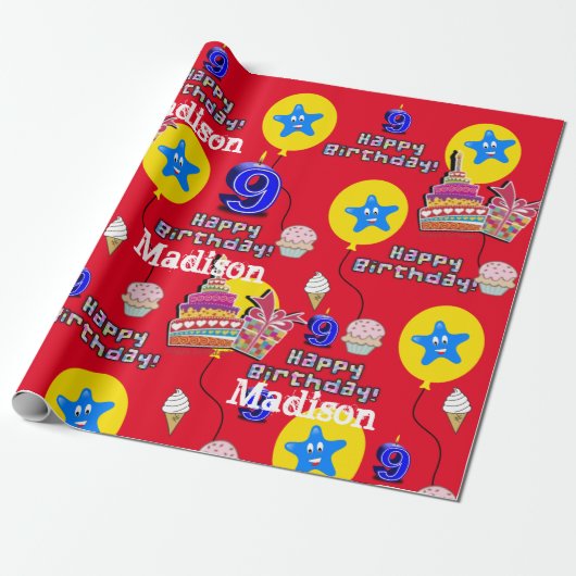 Happy 9th Birthday Wrapping Paper Balloons #9 Cadeaupapier (Uitgerold)