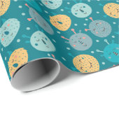 Happy Alien Faces Blauwgroen Cadeaupapier (Rol Hoek)