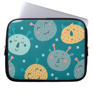 Happy Alien Faces Blauwgroen Laptop Sleeve