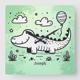 Happy Alligator met ballon - Schattigee Nursery Ar Vierkante Klok