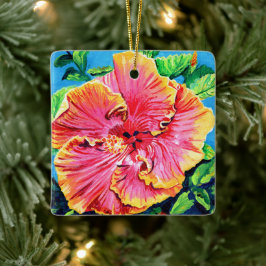 Happy Aloha Pink Hibiscus Ceramic Ornament