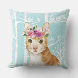 Happy Animal met bloemen in Blue Forest Cat Kat Kussen
