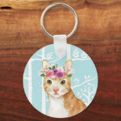 Happy Animal met bloemen in Blue Forest Cat Kat Sleutelhanger (Voorkant)