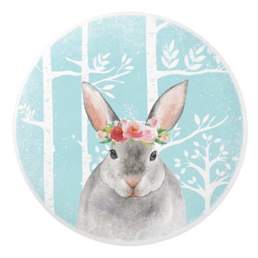 Happy Animal met Flowers in Blue Forest-Bunny Keramische Knop (Voorkant)