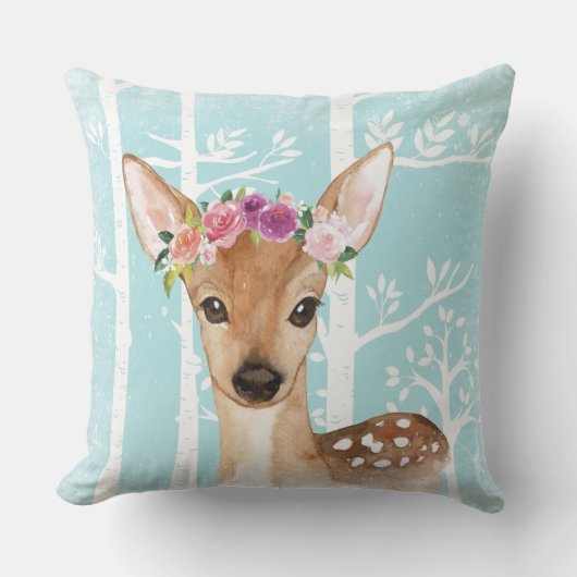 Happy Animal met Flowers in Blue Forest-Deer Kussen (Voorkant)