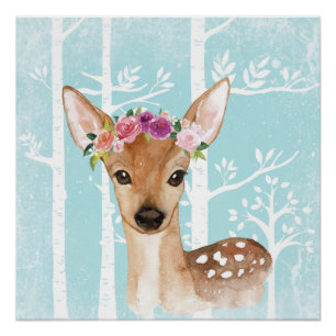 Happy Animal met Flowers in Blue Forest-Deer Perfect Poster