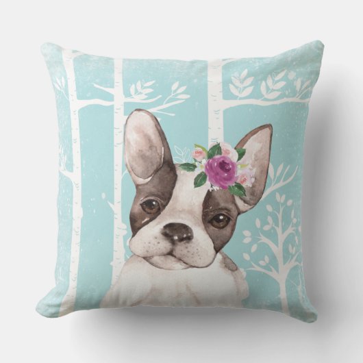 Happy Animal met Flowers in Blue Forest-Dog-Pug Kussen (Voorkant)