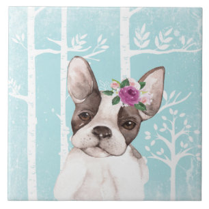 Happy Animal met Flowers in Blue Forest-Dog-Pug Tegeltje