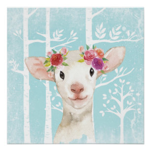 Happy Animal met Flowers in Blue Forest-Sheep Poster