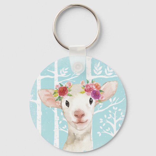 Happy Animal met Flowers in Blue Forest-Sheep Sleutelhanger (Voorkant)