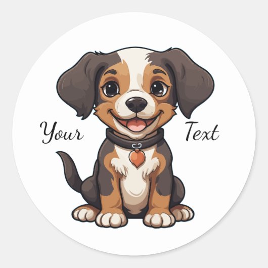 Happy Animated Puppy Illustration Customizable Ronde Sticker (Voorkant)