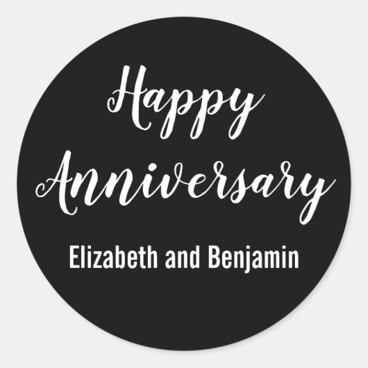Happy Anniversary Couple's Names Black and White Ronde Sticker (Voorkant)
