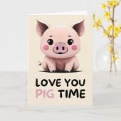 Happy Anniversary Cute Funny Simple Pig Card Kaart (Gele Bloem)