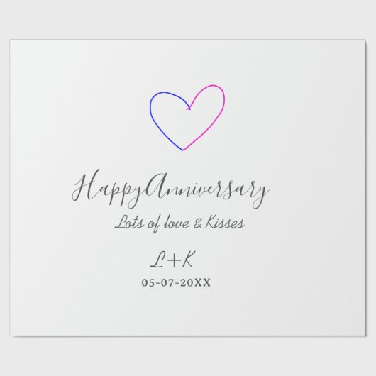 Happy anniversary pink blue heart name date simple cadeaupapier (Vlak)