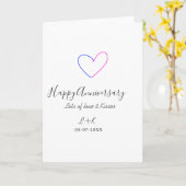 Happy anniversary pink blue heart name date simple kaart (Gele Bloem)