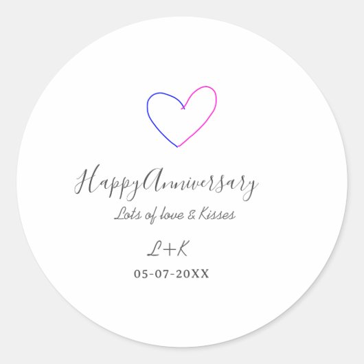 Happy anniversary pink blue heart name date simple ronde sticker (Voorkant)