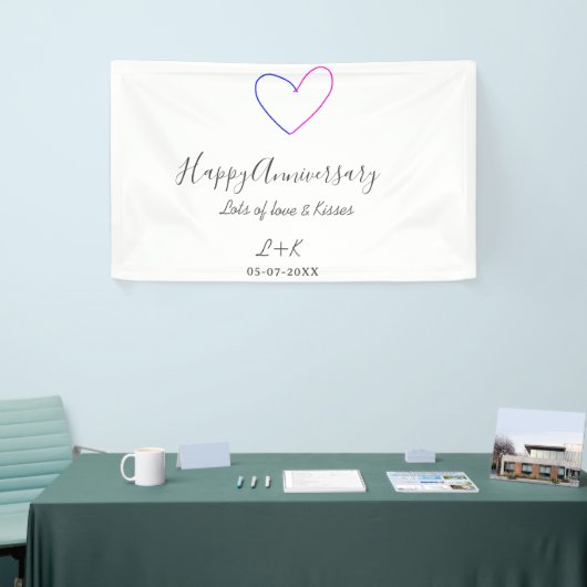 Happy anniversary pink blue heart name date simple spandoek (Beurs)