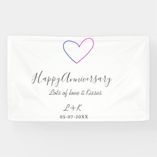 Happy anniversary pink blue heart name date simple spandoek (Horizontaal)