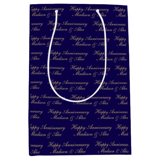 Happy Anniversary Script with Name Blue Gold Medium Cadeauzakje (Voorkant)