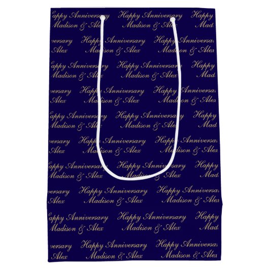 Happy Anniversary Script with Name Blue Gold Medium Cadeauzakje (Achterkant)