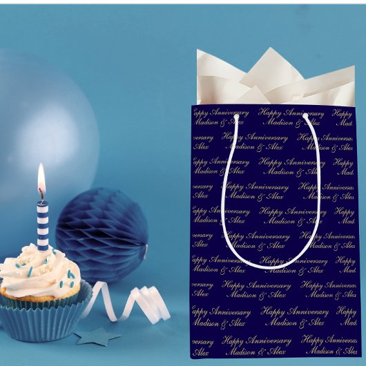 Happy Anniversary Script with Name Blue Gold Medium Cadeauzakje