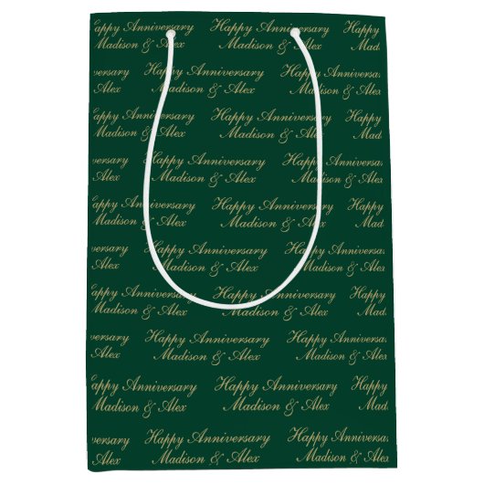 Happy Anniversary Script with Name Green Gold Medium Cadeauzakje (Voorkant)