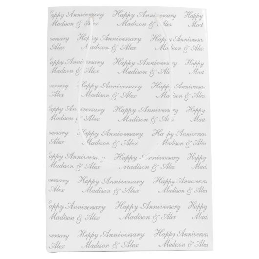 Happy Anniversary Script with Name White Silver Medium Cadeauzakje (Voorkant)