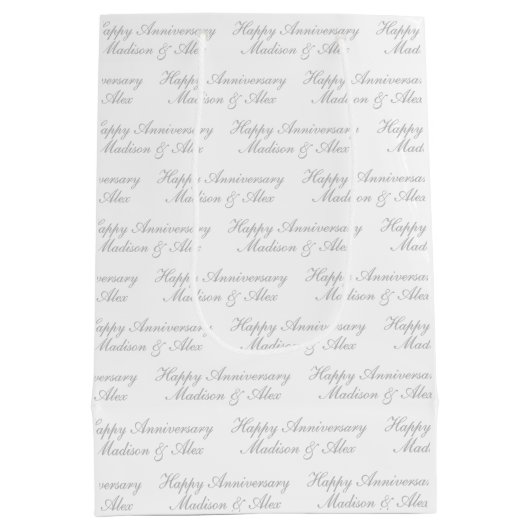 Happy Anniversary Script with Name White Silver Medium Cadeauzakje (Achterkant)
