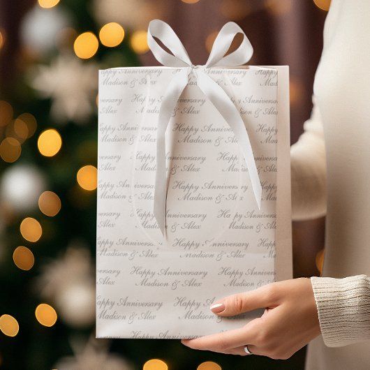 Happy Anniversary Script with Name White Silver Medium Cadeauzakje