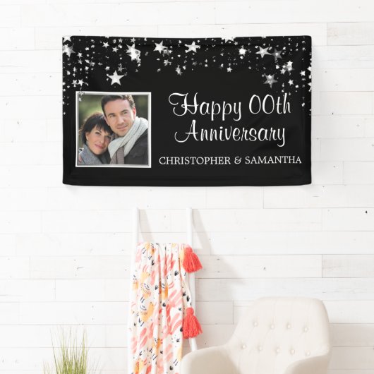 Happy Any Jubileum Black Silver Stars Foto Spandoek (Insitu)