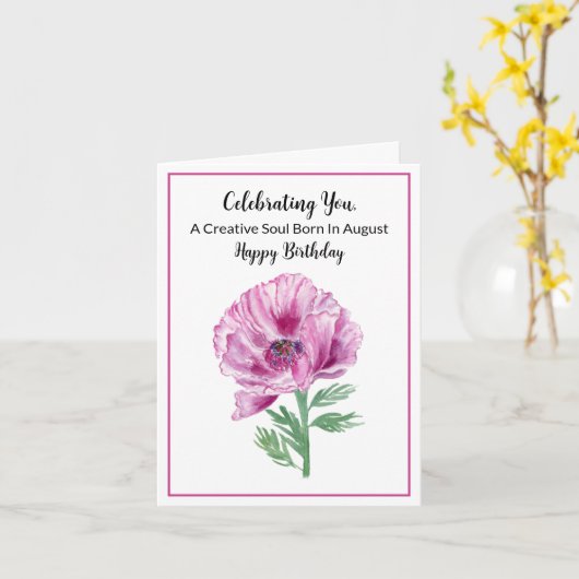 Happy August Verjaardag Paarse Poppy Kaart (Gele Bloem)