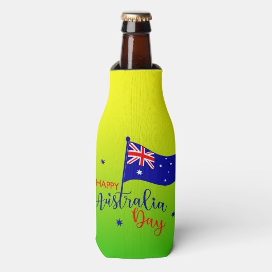 Happy Australia Day Flag Green Gold Stubby Flesjeskoeler (Fles Voorkant)